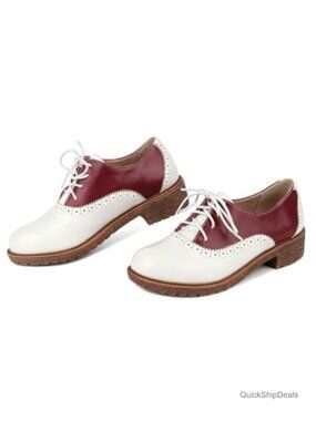 Women's Saddle Oxfords Chunky Heel Wingtip Lace-Up PU Shoes 1950s Retro